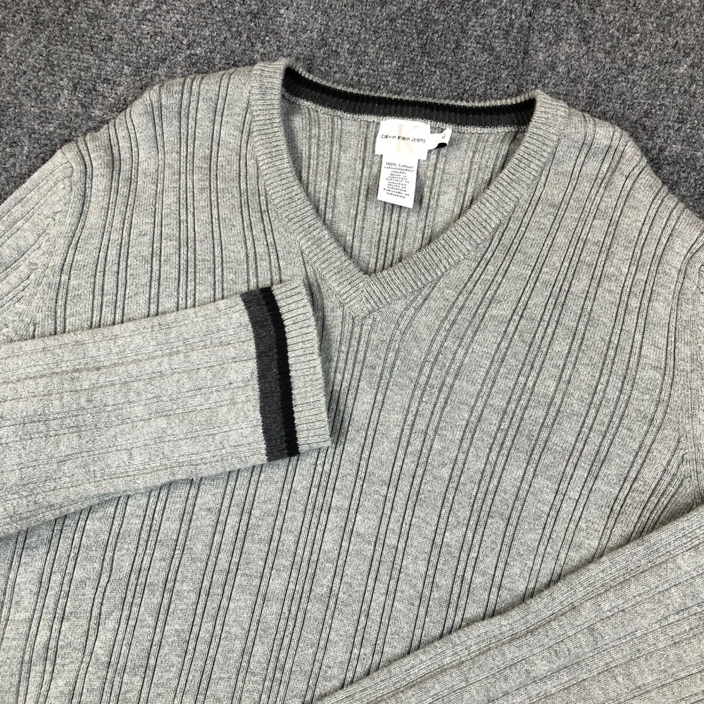 Calvin Klein Womens Size Large Gray Ribbed V-Neck Cotton Sweater Striped Trim